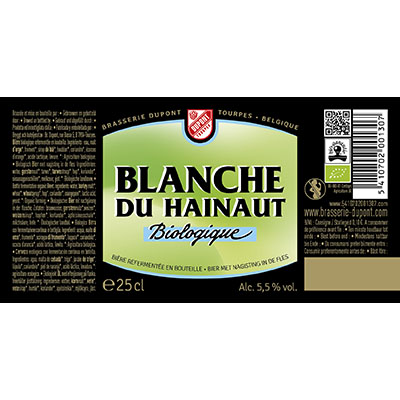 5410702001307 Blanche du Hainaut Bio<sup>1</sup> - 25cl Bière biologique refermentée en bouteille (contrôle BE-BIO-01) Sticker Front